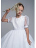 Beaded Short Sleeves White Organza Tea Length Flower Girl Dress